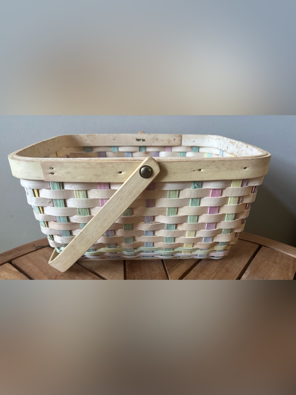 Vintage Pastel Woven Basket W/Handle 11”x9” Cottagecore
